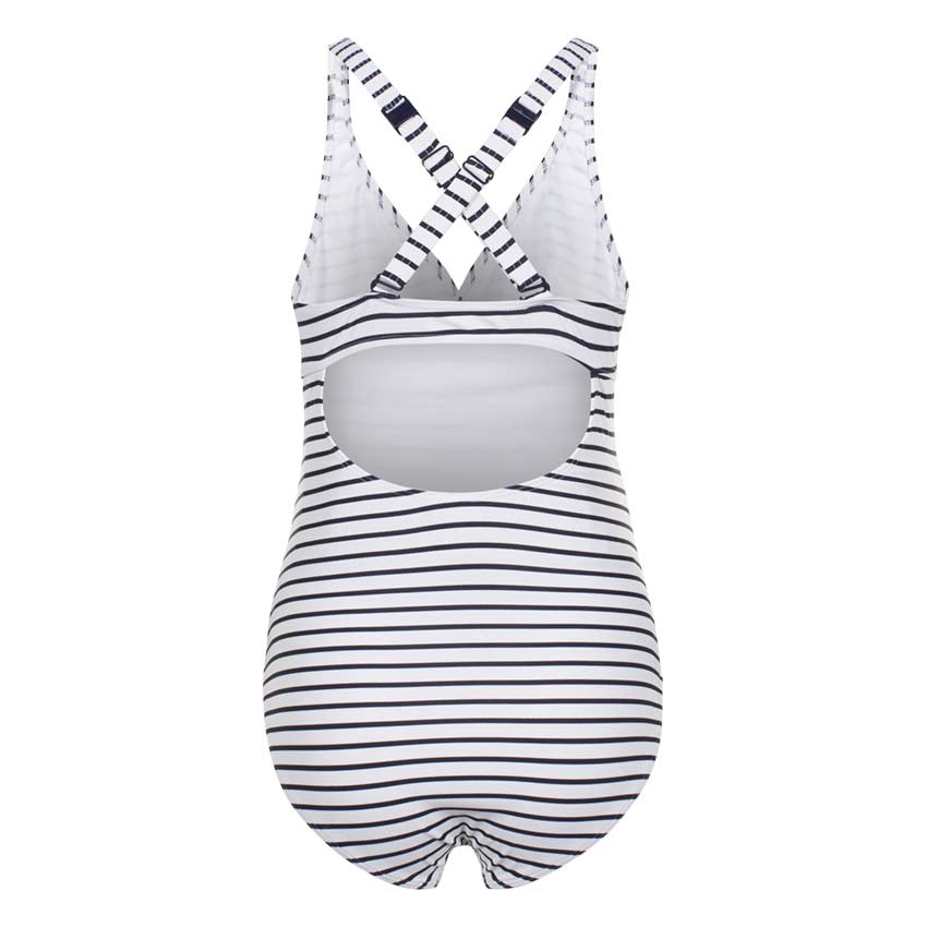 White Swimsuite with blue stripes after post production