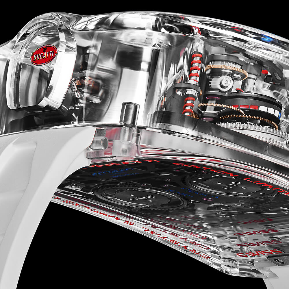 Macro close-up of a high-end watch with a transparent crystal case, showing internal mechanics, gears, and red accent components.