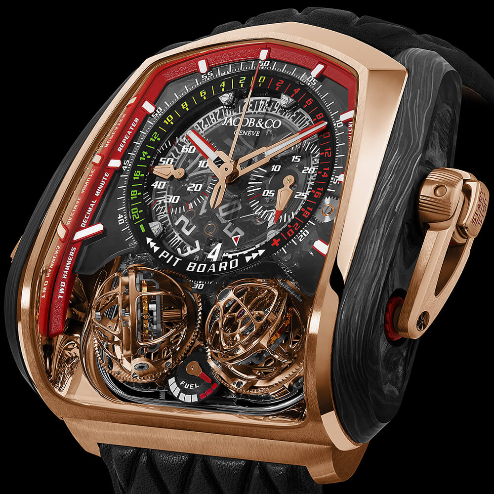 Close-up of a high-end watch with a tonneau-shaped rose-gold case, carbon-textured side, and complex multi-scale dial with visible tourbillon mechanisms.